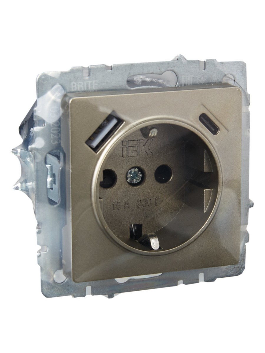 IEK Brite Шампань Розетка IEK BRITE с с/з и шторками 16А с USB A+C 18Вт РЮш11-1-БрШ шампань BR-R14-16-U22-018-K37