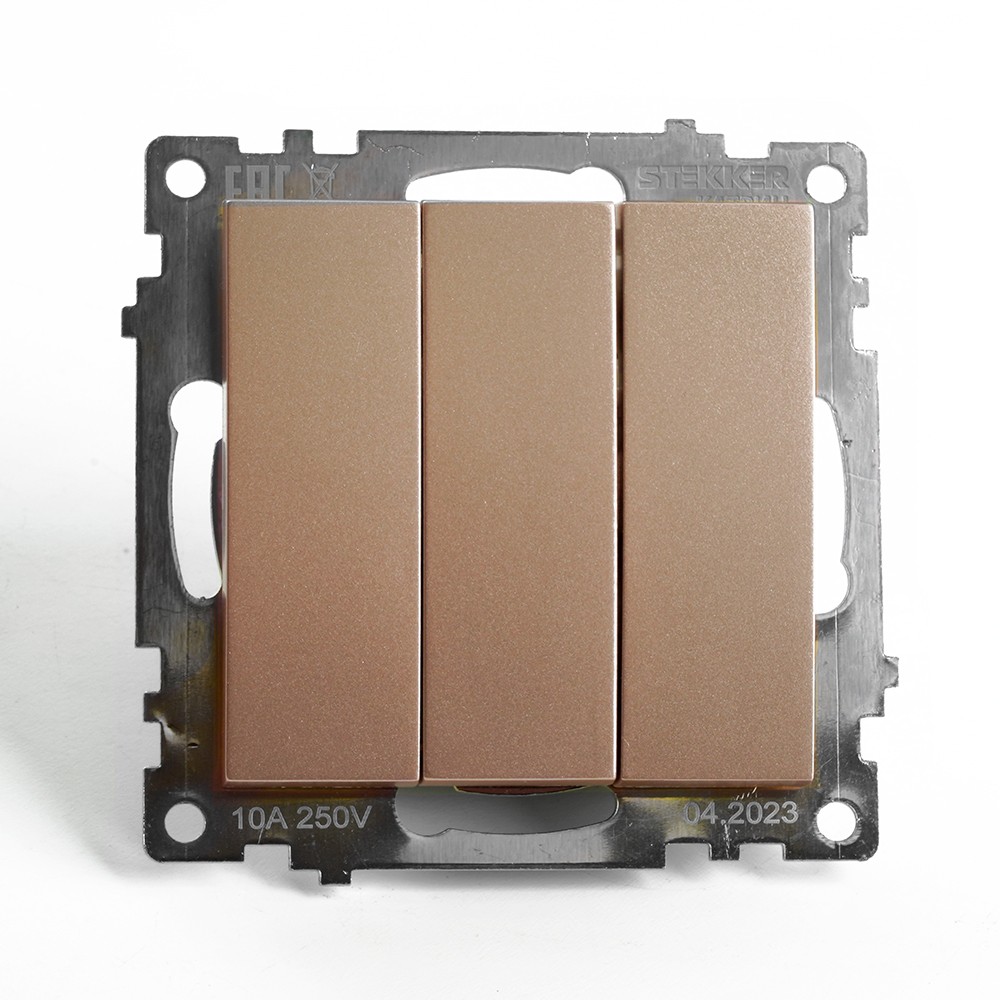 Катрин - Розетки и выключатели Stekker Выключатель 3-клавишный STEKKER GLS10-7108-02 250V 10А Катрин шампань 49174