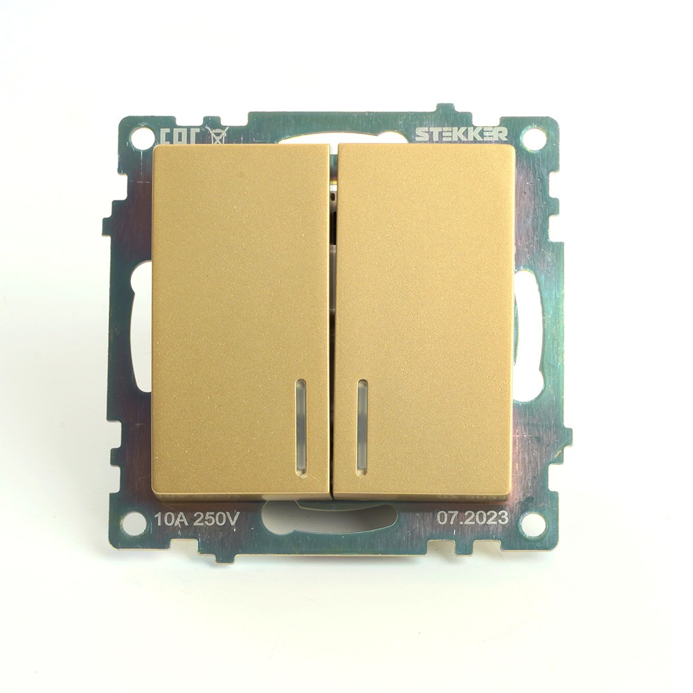 Катрин - Розетки и выключатели Stekker Выключатель 2-клавишный c индикатором STEKKER GLS10-7102-08 10А Катрин золото 49217