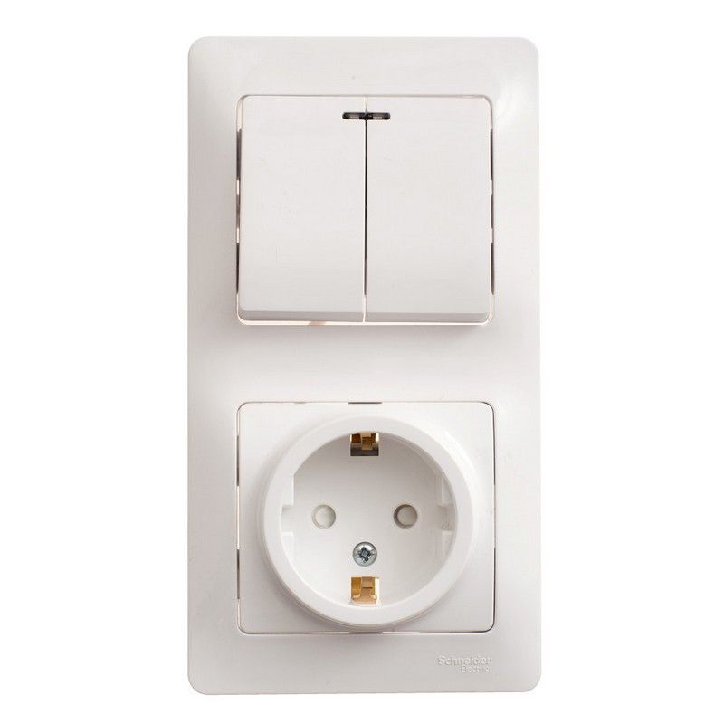 Glossa Белый Блок:Glossa Белый розетка с заземлением со шторками и 2-кл. выключатель с подсве GSL000175