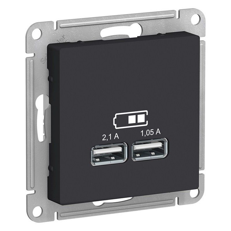 AtlasDesign Карбон Розетка USB, Systeme Electric AtlasDesign Карбон 5В, 1 порт x 2,1 А, 2 порта х 1,05 А, ATN001033