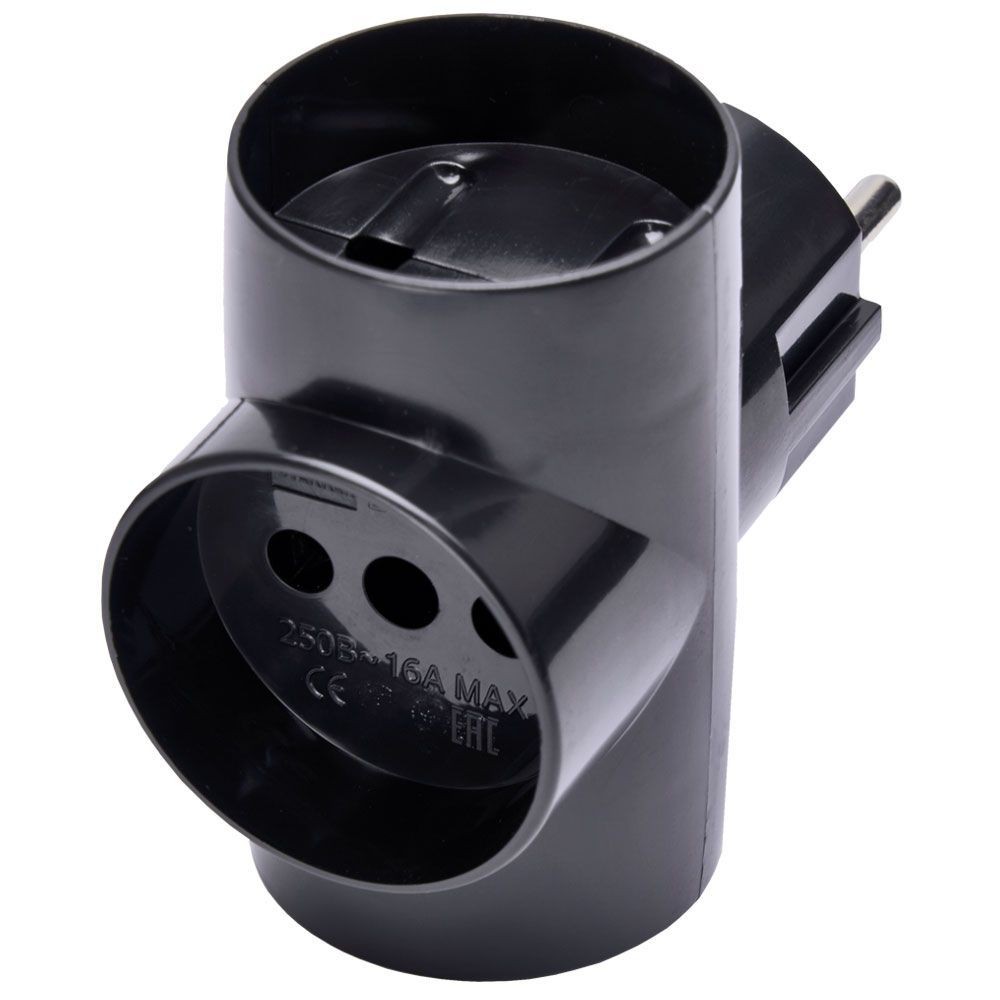 Колодки и удлинители, тройники Разветвитель сетевой 3-местный б/з STEKKER ADP10-15-20, 250В, 10A, IP20, черный 39001