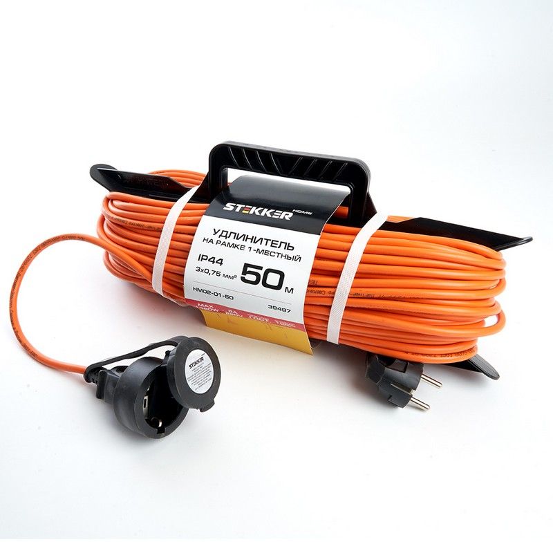 Колодки и удлинители, тройники Удлинитель-шнур на рамке  c/з Stekker HM02-01-50 50м 3*0,75  Home оранжевый 39497 