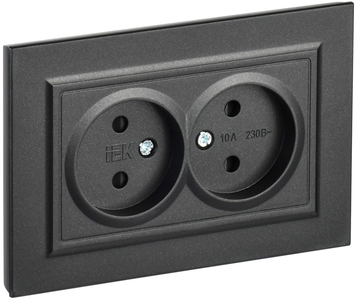 IEK Brite Черный Розетка IEK BRITE Черный 2-я без з/к с з/ш 10А в сборе РСш12-2-БрЧ BR-R23-10-K02-F