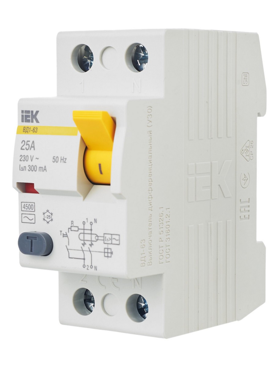 IEK Выключатель дифференциальный IEK KARAT ВД1-63 (УЗО) 2Р 25А 300мА MDV10-2-025-300 