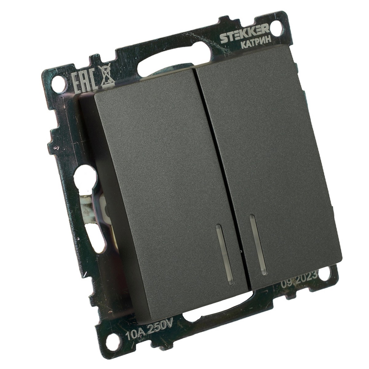 Катрин - Розетки и выключатели Stekker Выключатель 2-клавишный c индикатором STEKKER GLS10-7102-06 10А Катрин графит 49409