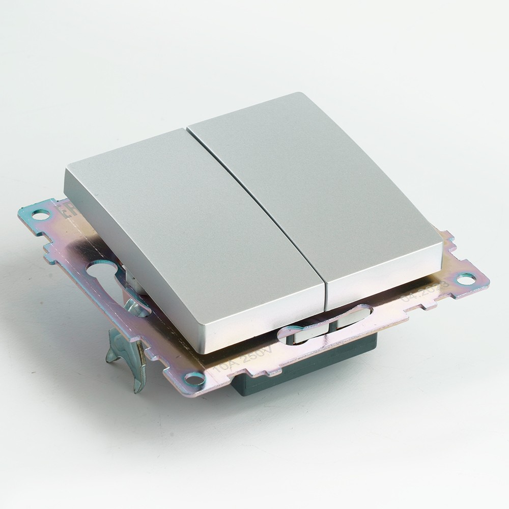 Катрин - Розетки и выключатели Stekker Переключатель 2-клавишный (механизм) STEKKER GLS10-7107-03 250V 10А Катрин серебро 49168