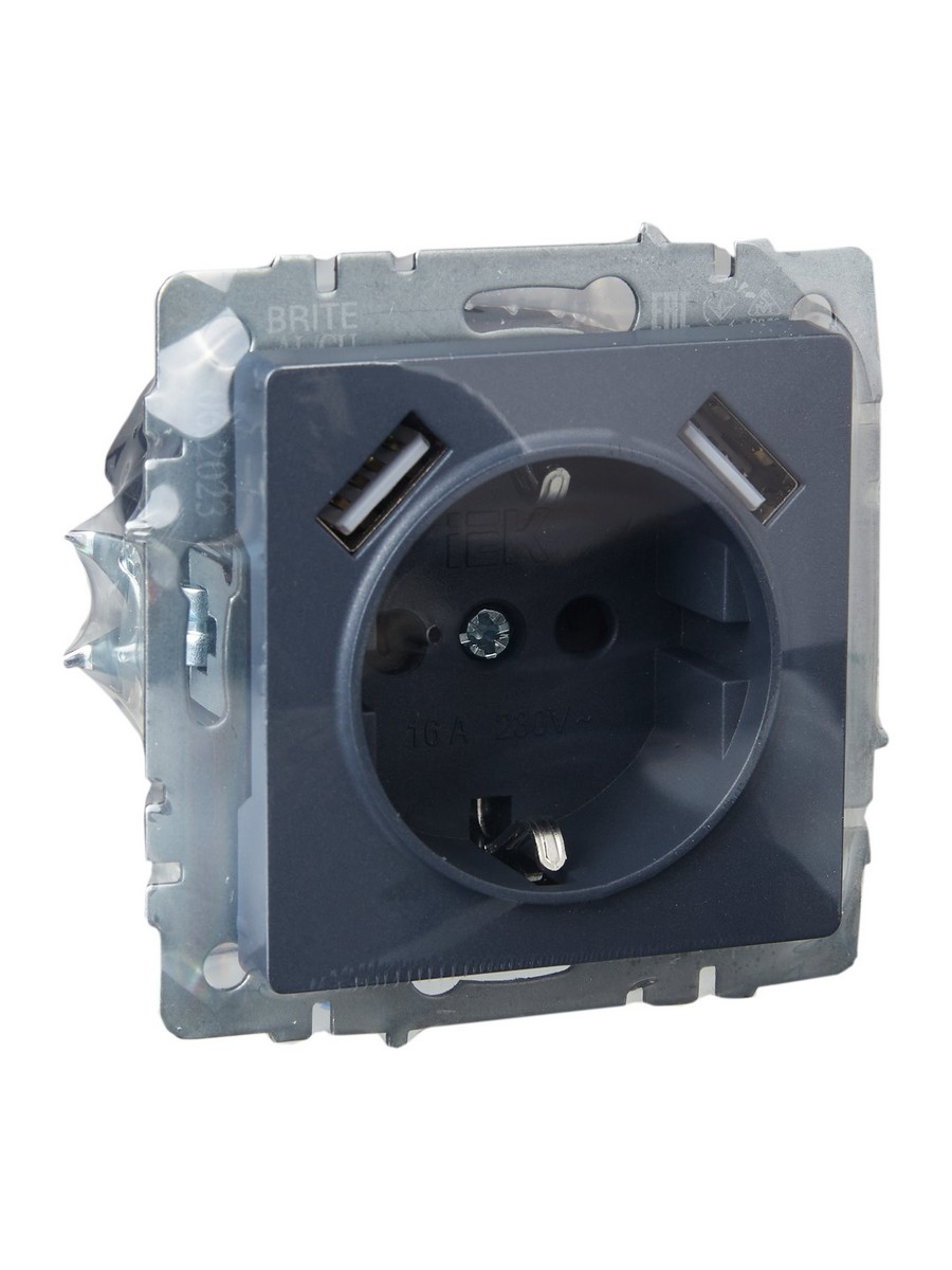 IEK Brite Маренго Розетка IEK BRITE с с/з и шторками 16А с USB A+A 3,1А РЮш10-2-БрМ маренго BR-R14-16-U21-D31-K35