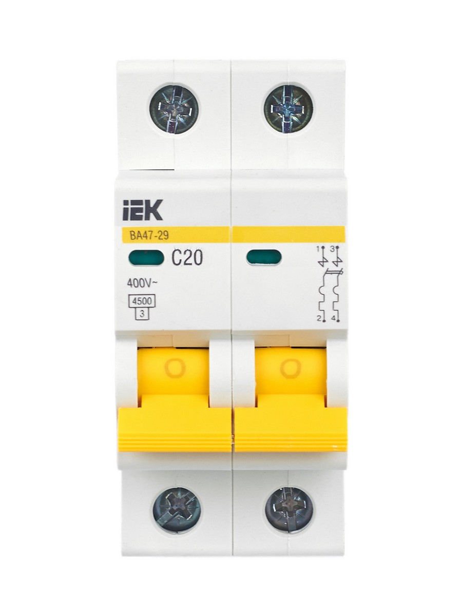2 полюсные (двухполюсные) Автоматический выключатель IEK KARAT ВА47-29 2Р 20А 4,5кА х-ка С MVA20-2-020-C 