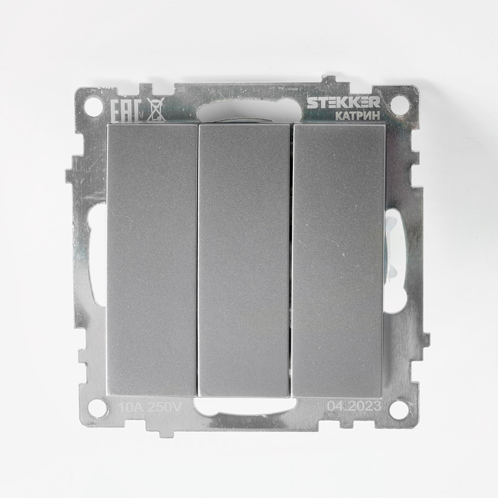 Катрин - Розетки и выключатели Stekker Выключатель 3-клавишный STEKKER GLS10-7108-03 250V 10А Катрин серебро 49173