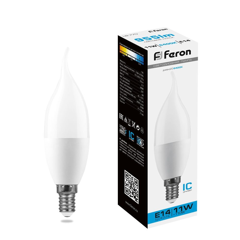 E14 Лампа светодиодная Feron LB-770 Свеча на ветру E14 11W 6400K 25952 