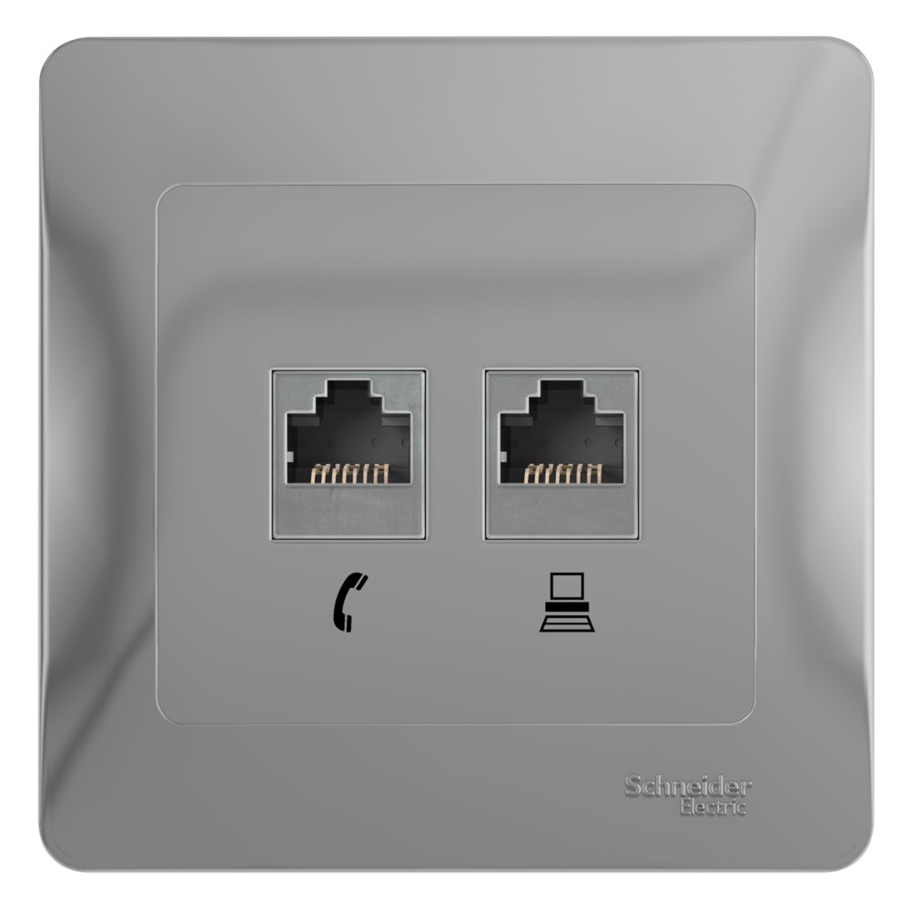 Glossa Алюминий Розетка Systeme Electric Glossa Алюминий 2-я RJ11+RJ45, кат.5E GSL000385