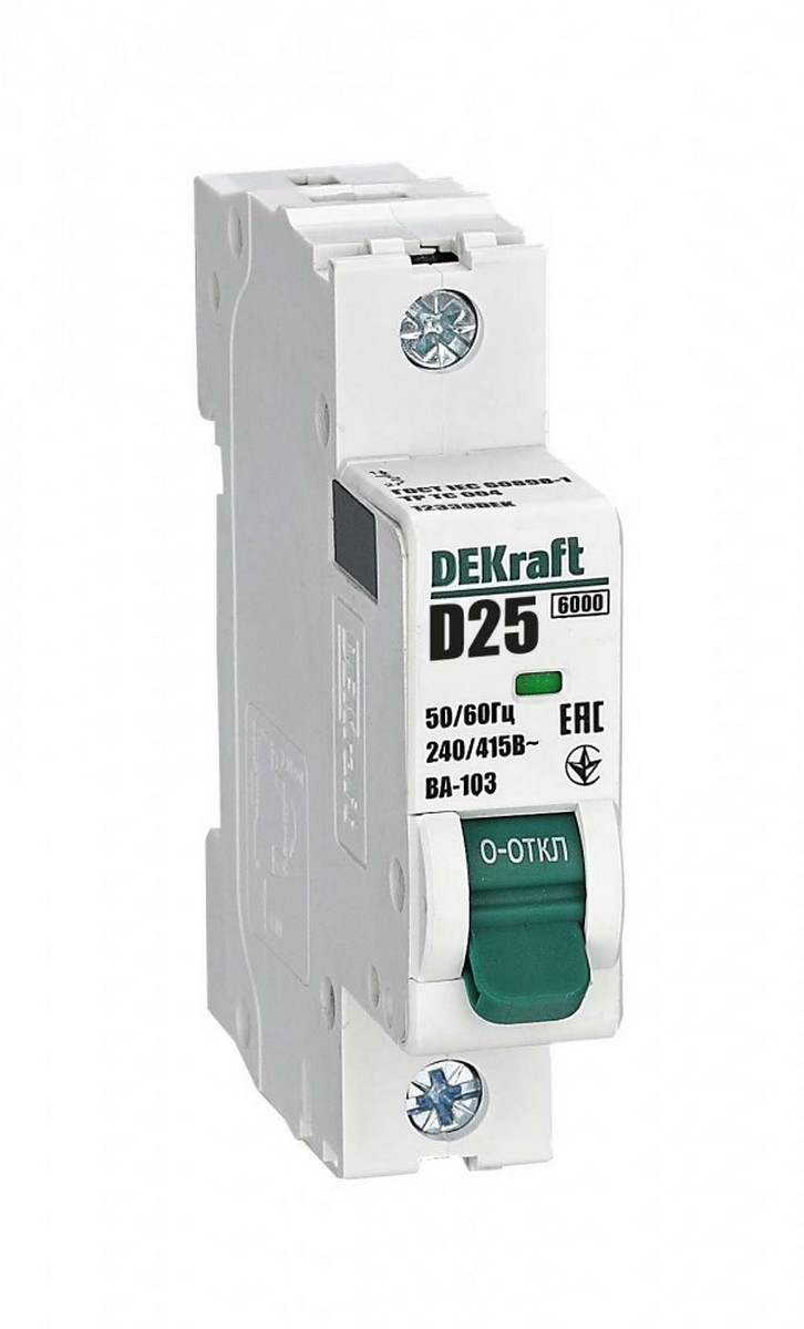 1 полюсные (однополюсные) Автоматический выключатель Dekraft 1Р 25А х-ка D ВА-103 6кА 12339DEK 