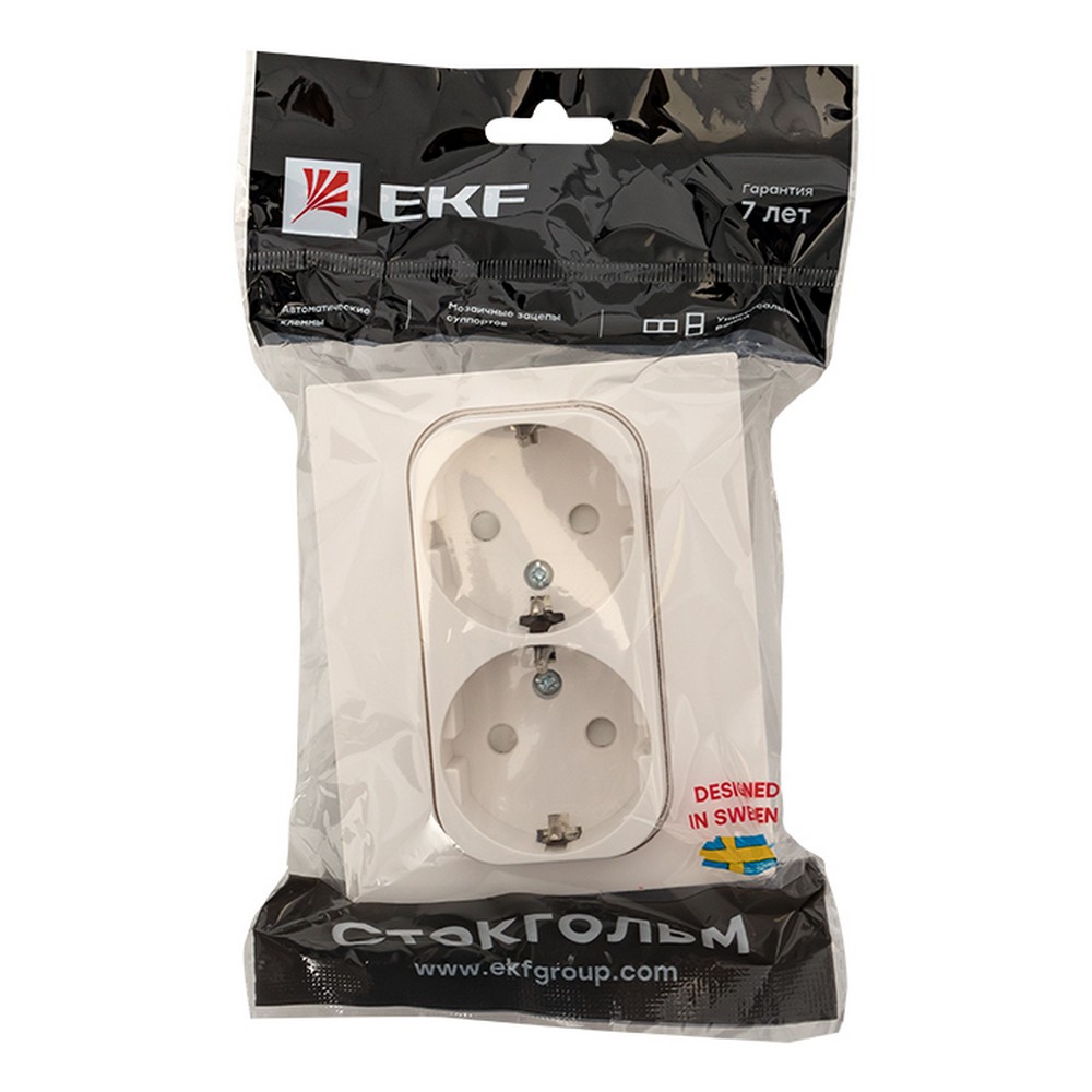 EKF Стокгольм белый Розетка 2-ая EKF PROxima Стокгольм Белый с/з с рамкой 16А со шторками EXR16-128-10