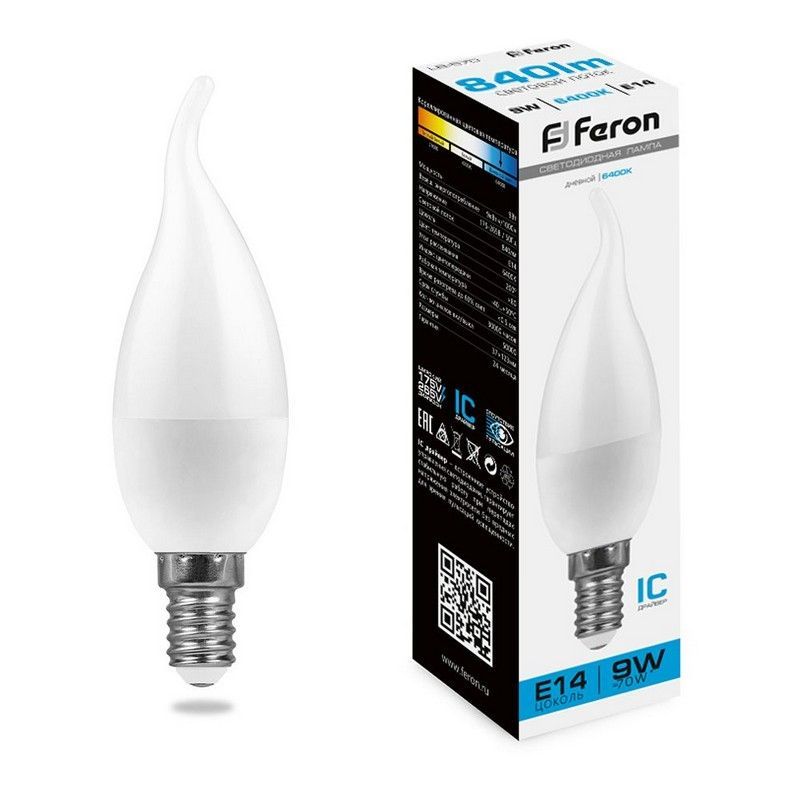 E14 Лампа светодиодная Feron LB-570 Свеча на ветру E14 9W 6400K 38136 