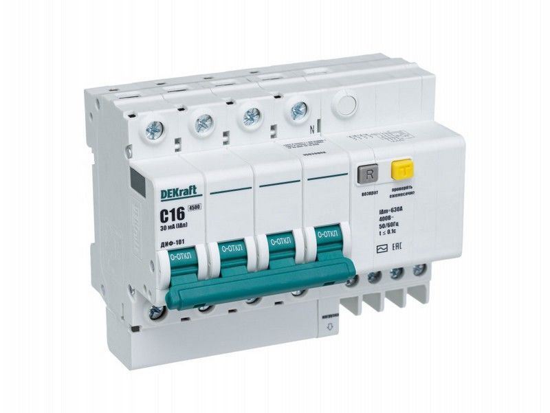 DEKraft Дифференциальный автоматический выключатель DEKraft ДИФ-101 4P 16A 30mA 4,5kA тип AC х-ка C 15020DEK 