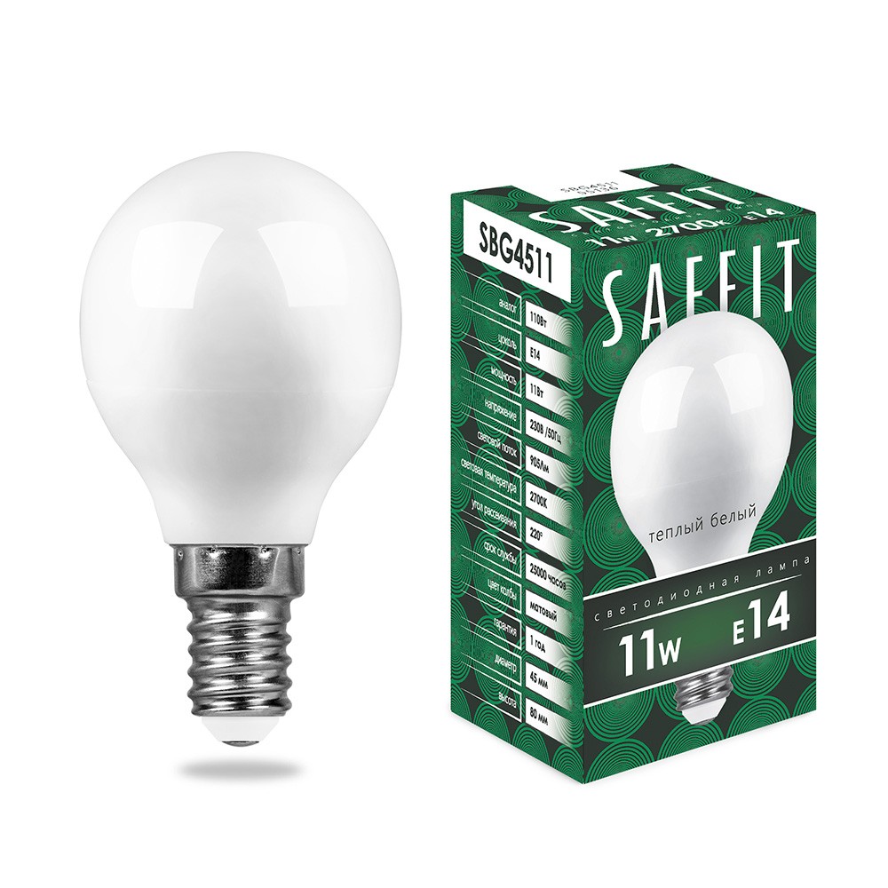 E14 Лампа светодиодная SAFFIT SBG4511 Шарик E14 11W 2700K 55136 