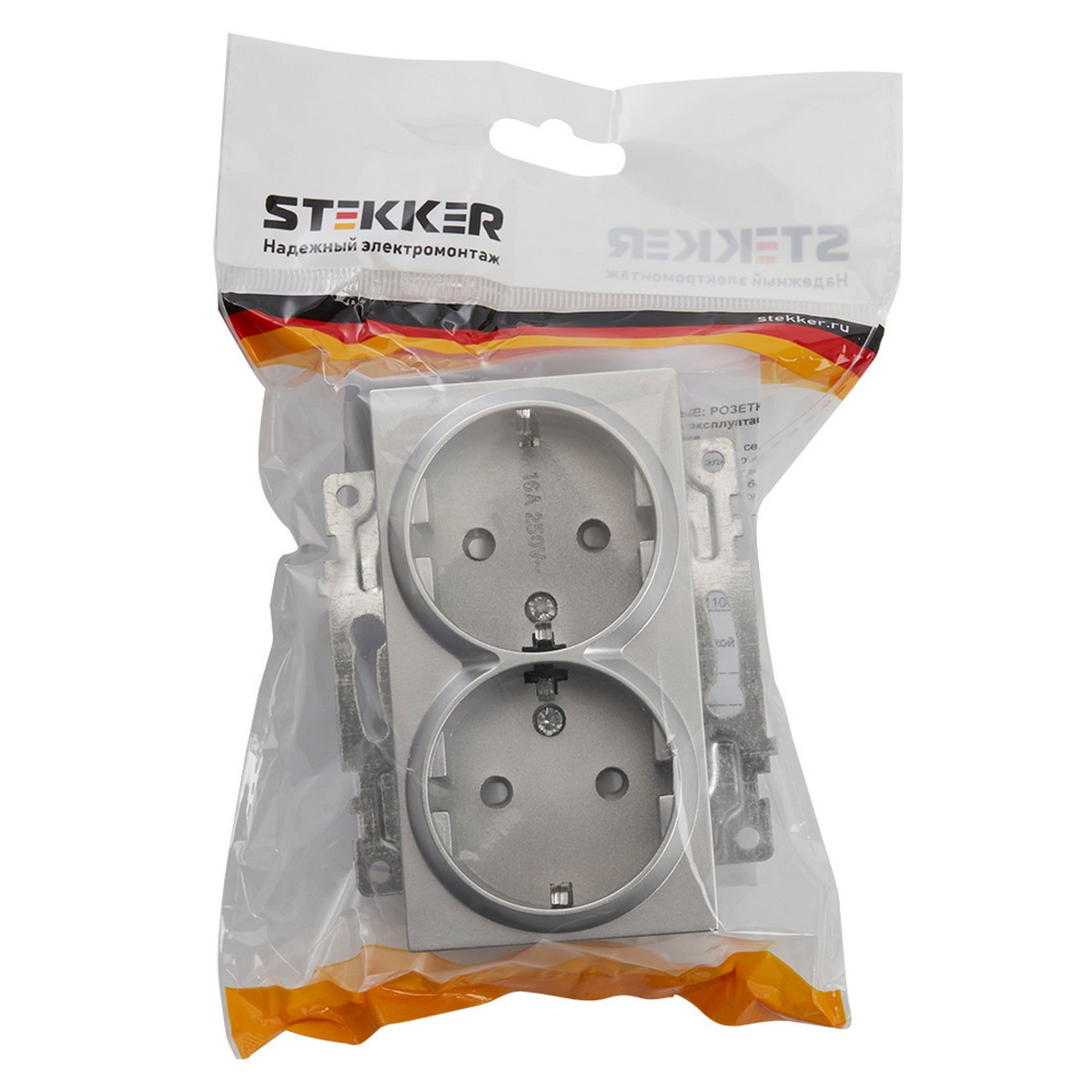 Катрин - Розетки и выключатели Stekker Розетка 2-местная с/з STEKKER GLS16-7114-03 250V 16А с защ. шторкой Катрин серебро 39584
