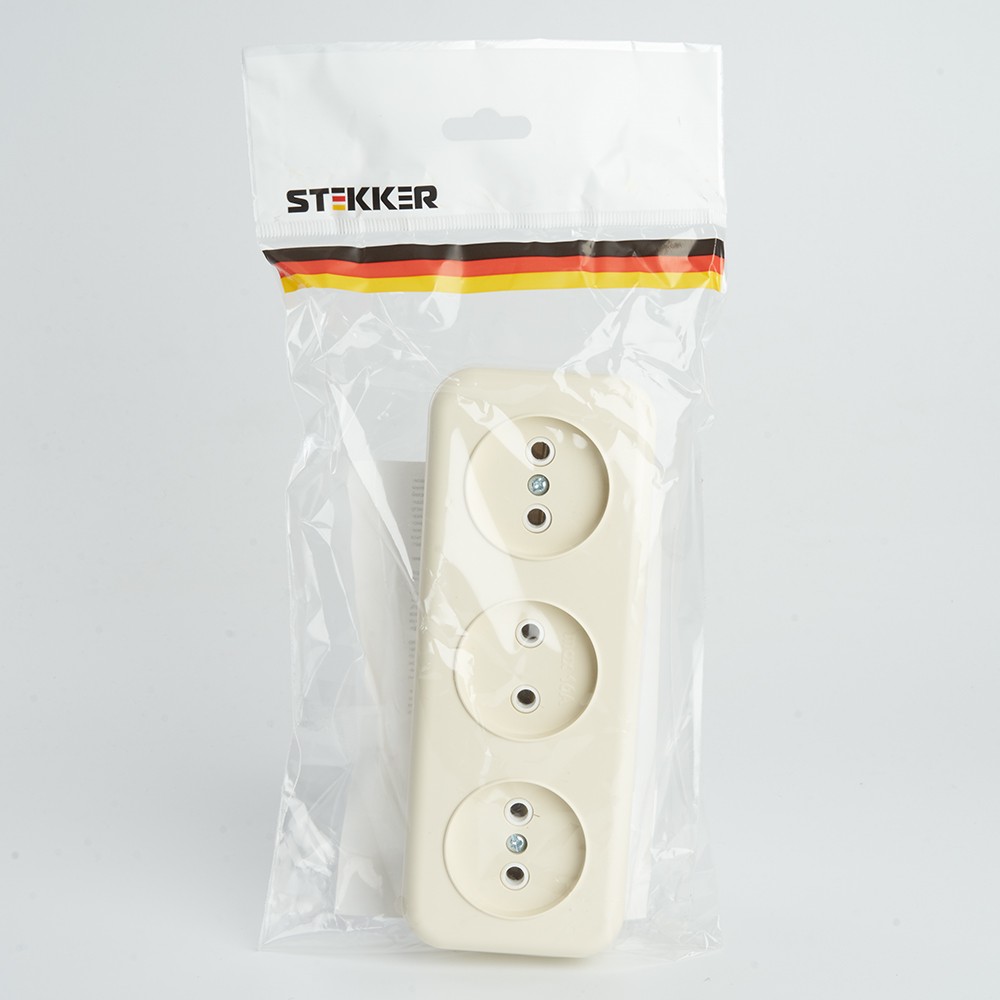 Накладные розетки и выключатели Stekker Розетка 3-местная б/з STEKKER PST16-50-20 16А IP20 слоновая кость Брест 49055