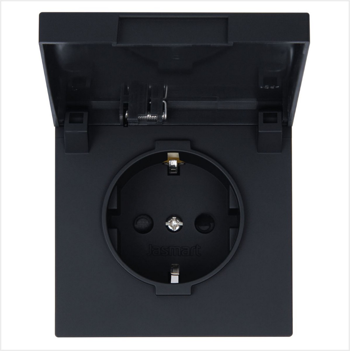 JASMART FD - розетки и выключатели Розетка JASMART FD SCHUKO с крышкой и защитными шторками Черный матовый (soft touch) 5505PBM