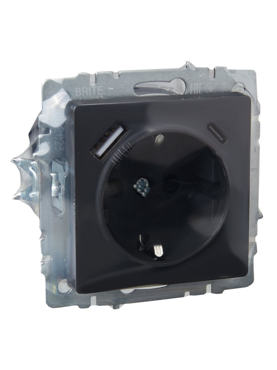 IEK Brite Графит Розетка IEK BRITE с с/з и шторками 16А с USB A+C 18Вт РЮш11-1-БрГ графит BR-R14-16-U22-018-K53