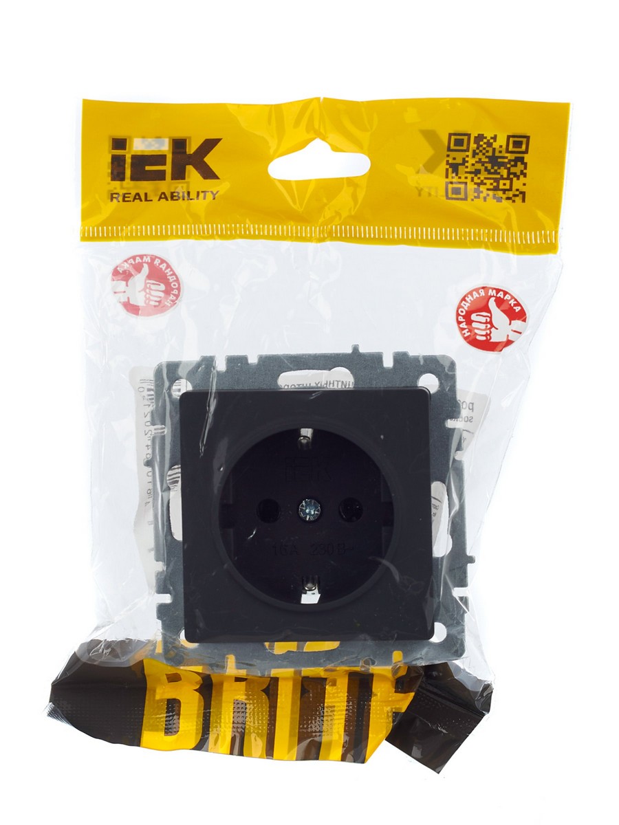 IEK Brite Графит Розетка IEK BRITE с/з без шторок 16А РС11-1-0-БрГ графит BR-R11-16-K53