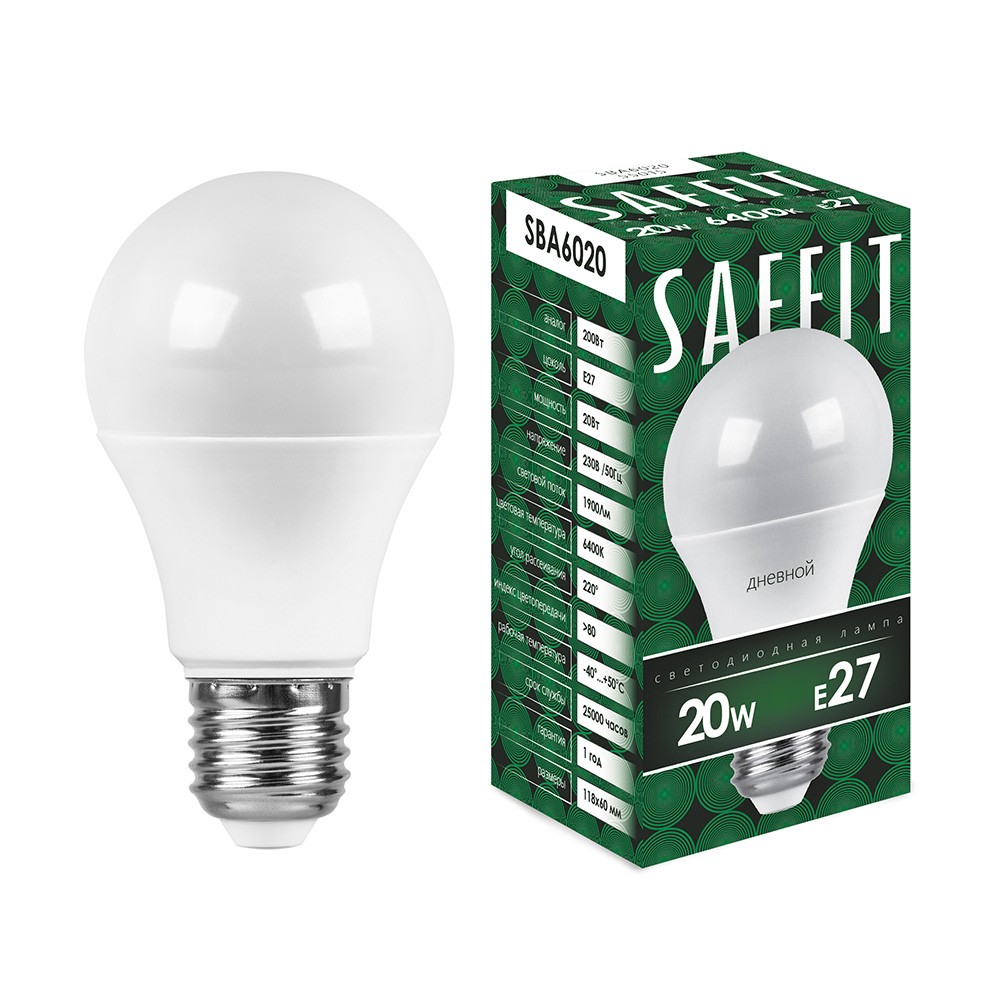 E27 Лампа светодиодная SAFFIT SBA6020 Шар E27 20W 6400K 55015 