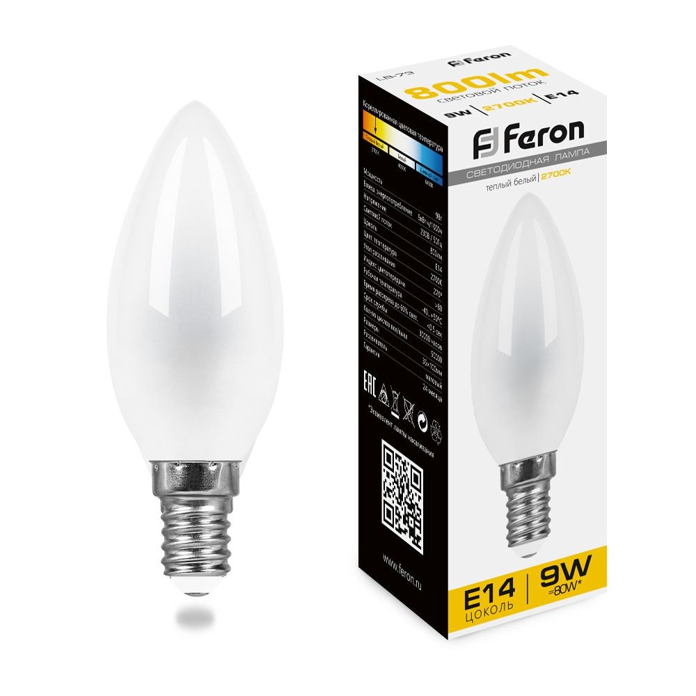 E14 Лампа светодиодная Feron LB-73 Свеча E14 9W 2700K 25955 