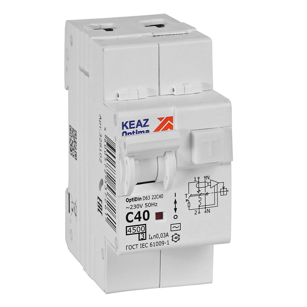 КЭАЗ Дифф. автомат КЭАЗ АВДТ OptiDin с защитой от сверхтоков D63-22C40-AC-У3 (2P, C40, 30mA, 4,5кА) 328102
