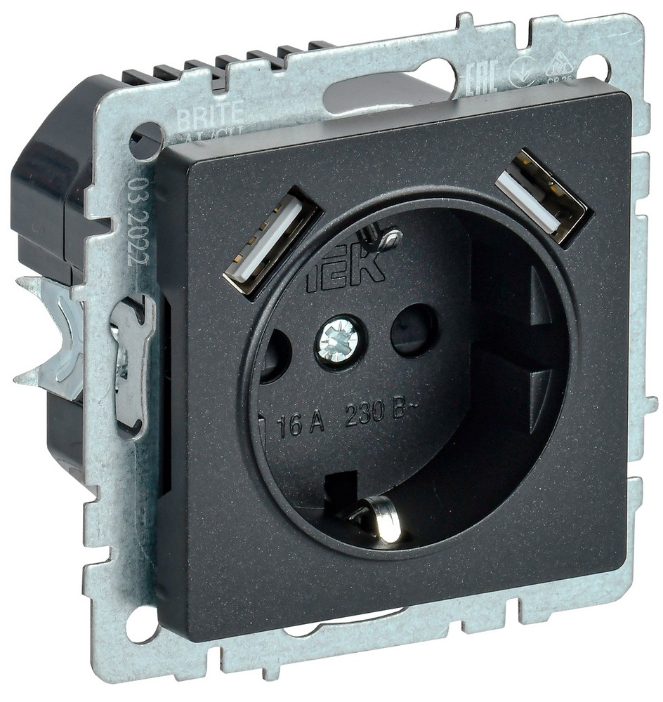 IEK Brite Черный Розетка IEK BRITE с с/з и шторками 16А с USB A+A 2,1А РЮш10-1-БрЧ черный BR-R14-16-U21-D21-K02
