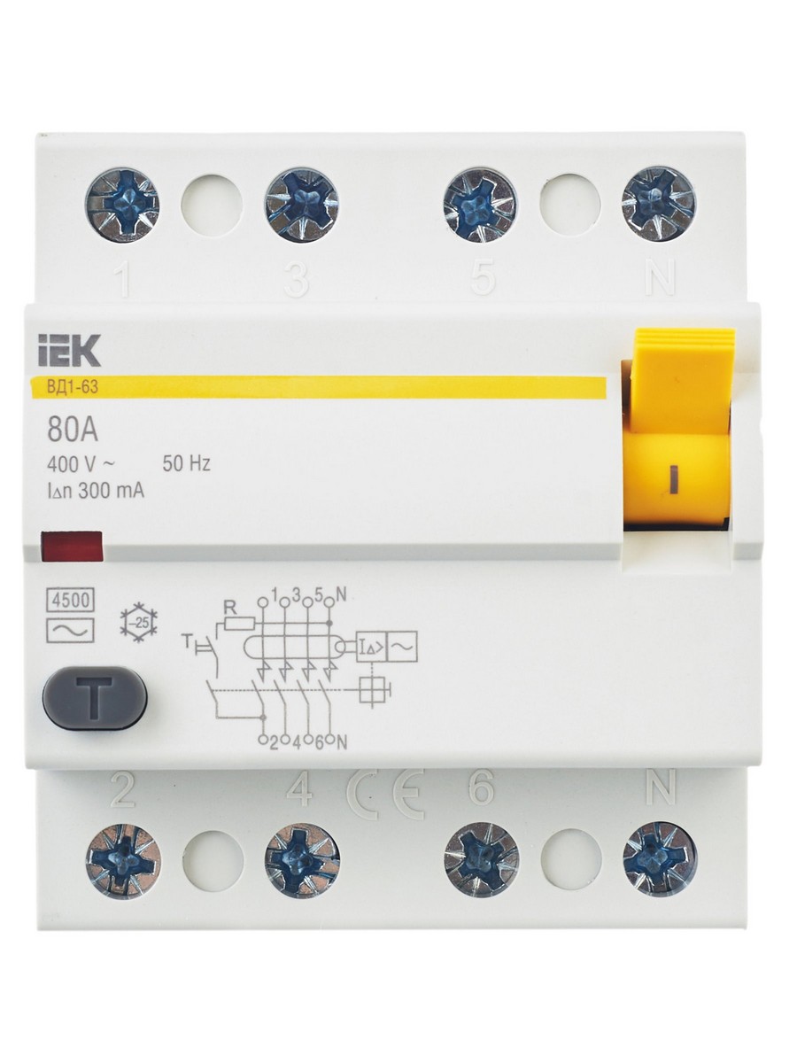 IEK Выключатель дифференциальный IEK KARAT ВД1-63 (УЗО) 4Р 80А 300мА MDV10-4-080-300 