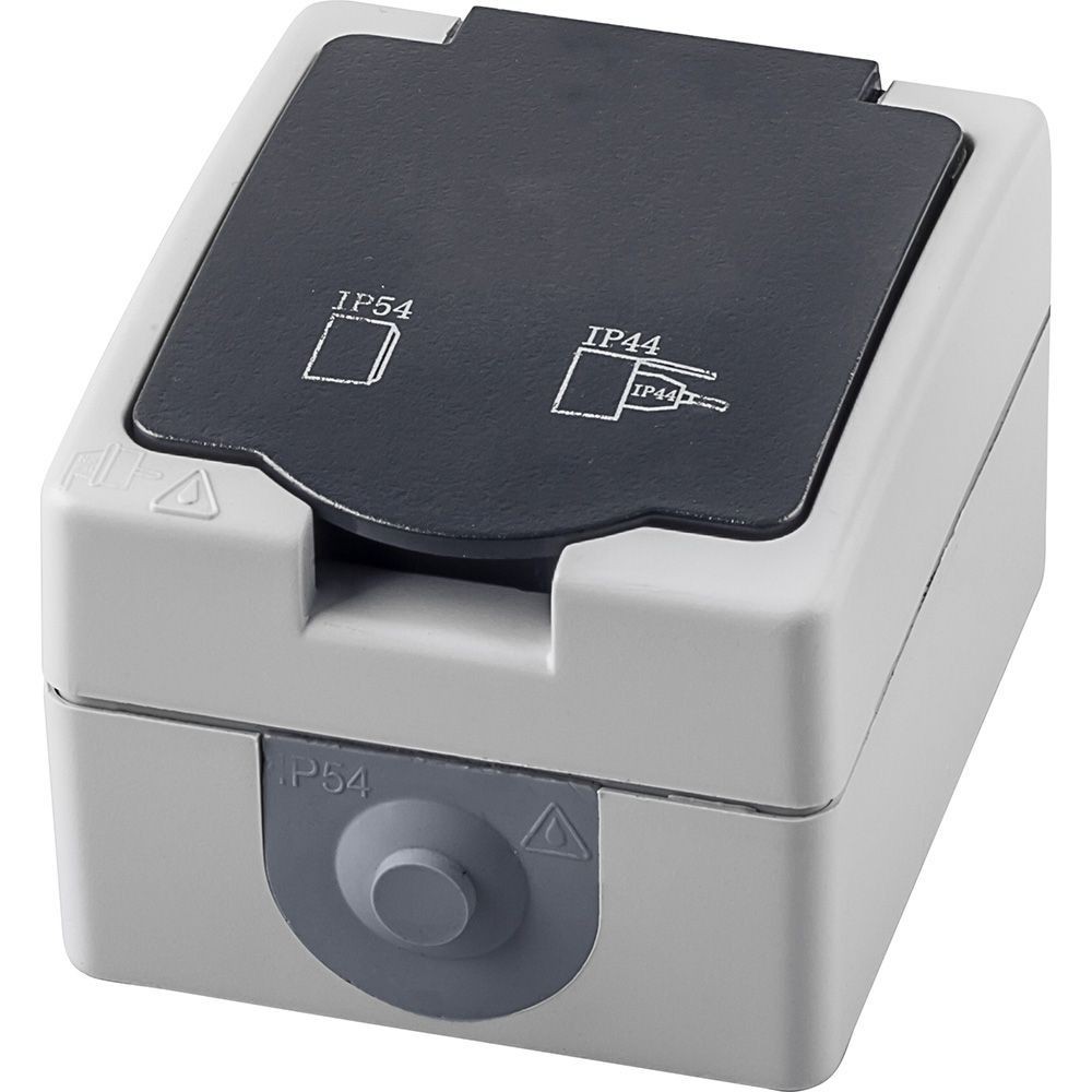 Накладные розетки и выключатели Stekker Розетка 1-местная с крышкой с/з STEKKER PST16-11-54 16А IP54 серый/графит Велена 32755