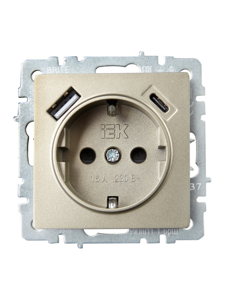 IEK Brite Шампань Розетка IEK BRITE с с/з и шторками 16А с USB A+C 18Вт РЮш11-1-БрШ шампань BR-R14-16-U22-018-K37