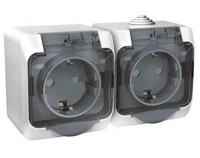Этюд Белый Розетка 2-ая Systeme Electric Этюд наружный Белый с/з со шторками, с крышкой IP44 PA16-244B