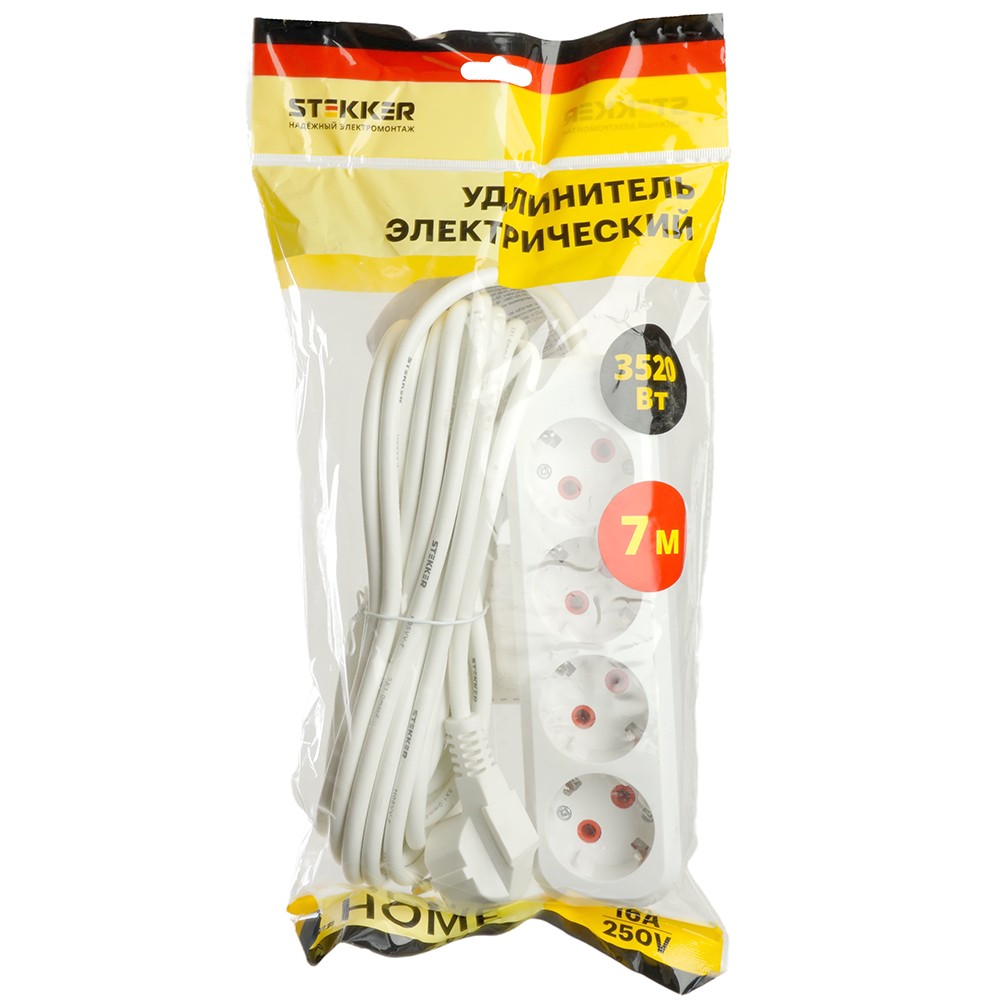 Колодки и удлинители, тройники Удлинитель STEKKER четырехместный c/з HM06-40-07 7м Home (У10-429) белый 49389 
