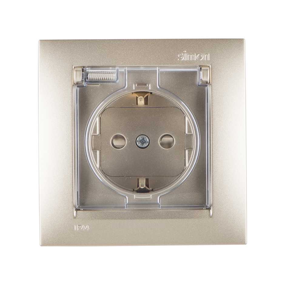 Розетки и выключатели Simon 15 Шампань Розетка с/з Simon 15 Шампань со шторками с крышкой IP44 16А 1590450-034