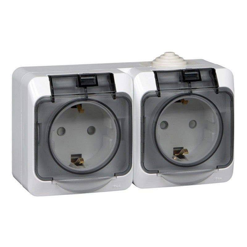 Этюд Белый Розетка 2-ая Systeme Electric Этюд наружный Белый с/з со шторками, с крышкой IP44 PA16-244B