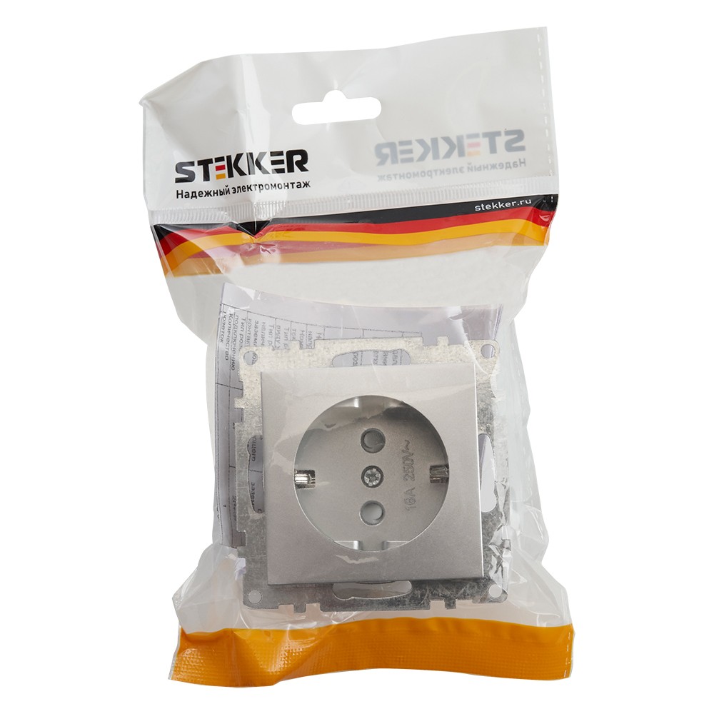 Катрин - Розетки и выключатели Stekker Розетка 1-местная с/з STEKKER GLS16-7110-03 250V 16А с защ. шторкой Катрин серебро 39582
