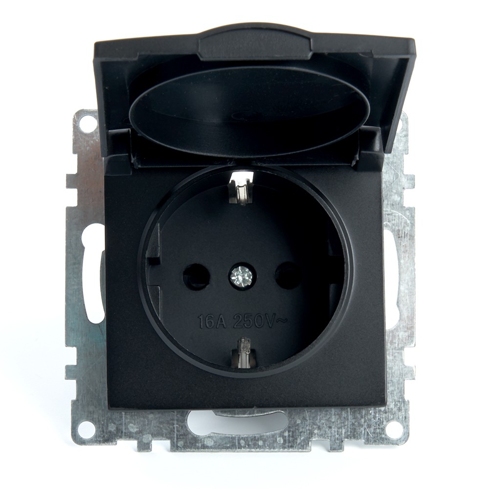 Катрин - Розетки и выключатели Stekker Розетка 1-местная с/з с крышкой STEKKER GLS16-7112-05 16А с защ. шторкой Катрин черный 39608