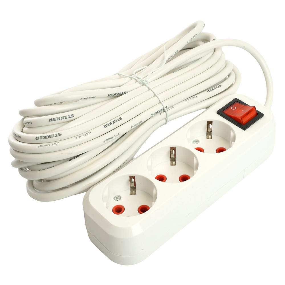 Колодки и удлинители, тройники Удлинитель STEKKER трехместный с/з с выключ. HM07-31-07 7м Home (У16А-002) белый 49356 