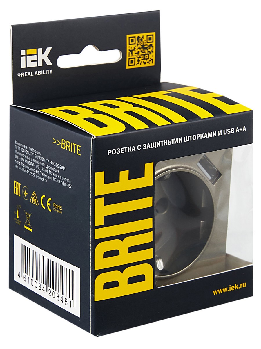 IEK Brite Шампань Розетка IEK BRITE с с/з и шторками 16А с USB A+A 3,1А РЮш10-2-БрШ шампань BR-R14-16-U21-D31-K37