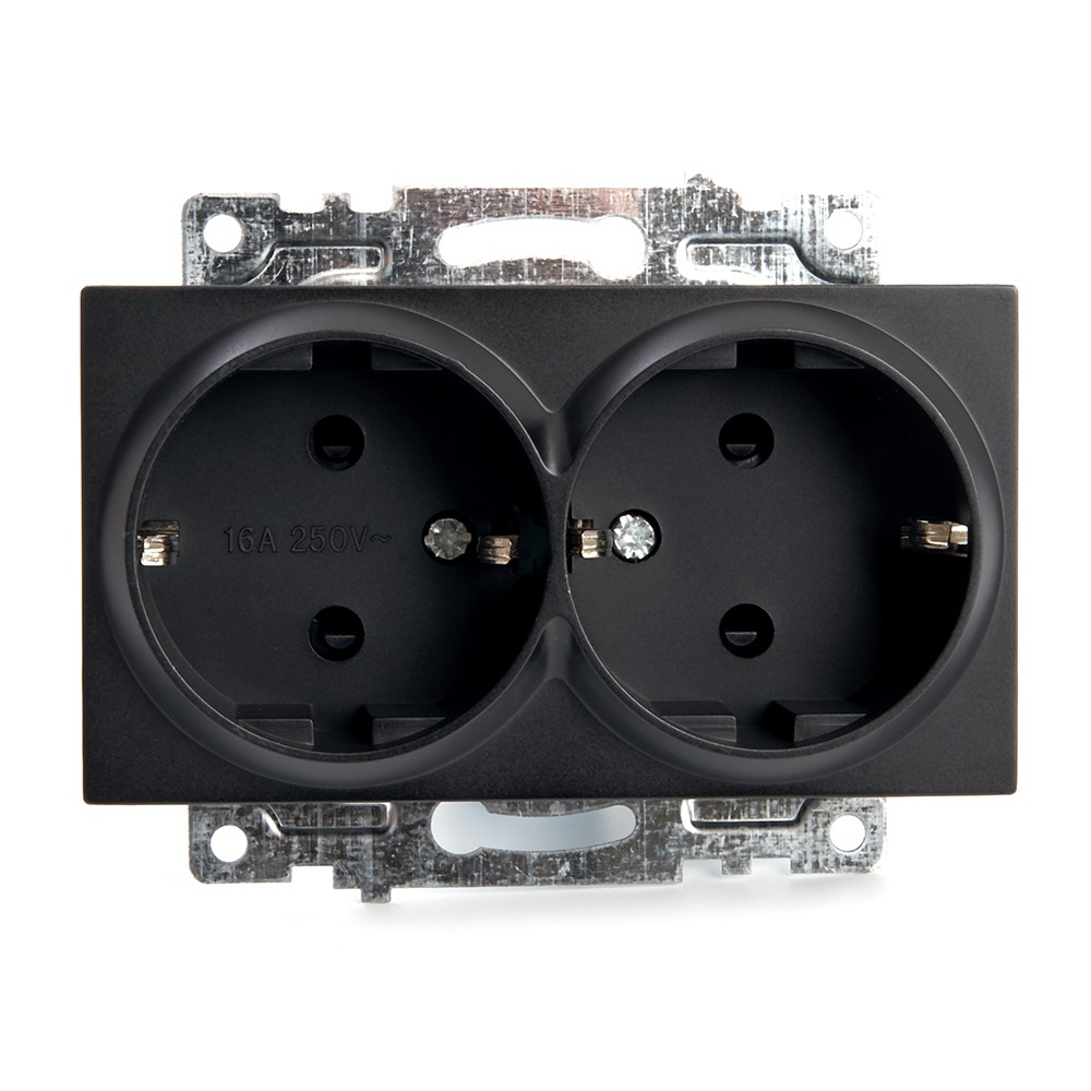 Катрин - Розетки и выключатели Stekker Розетка 2-местная с/з STEKKER GLS16-7114-05 250V 16А с защ. шторкой Катрин черный 39612