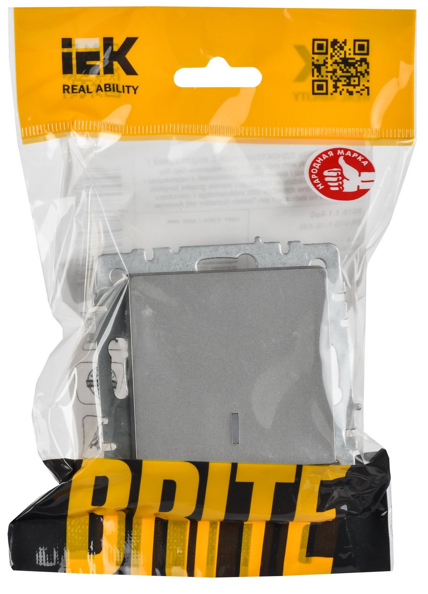 IEK Brite Сталь Выключатель IEK BRITE 1-клавишный с индикацией 10А ВС10-1-1-БрС сталь BR-V10-1-10-K46