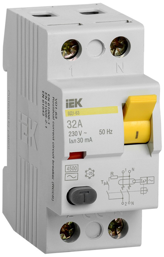 IEK Выключатель дифференциальный IEK KARAT ВД1-63 (УЗО) 2Р 32А 30мА MDV10-2-032-030 