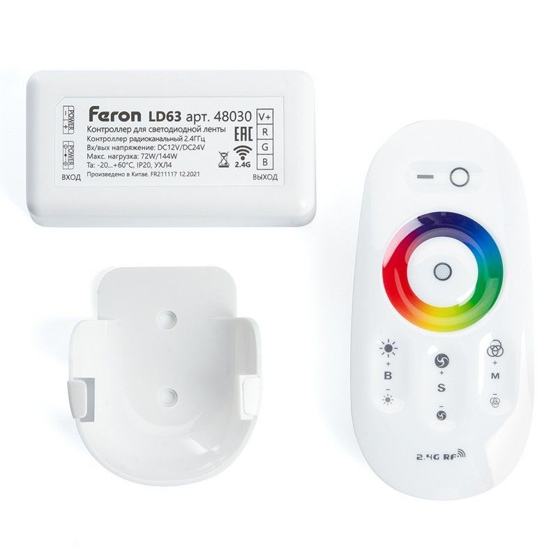 Контроллеры и сетевые шнуры для светодиодной ленты Контроллер Feron RGB для светодиодной ленты с П/У белый 12-24V LD63 48030 