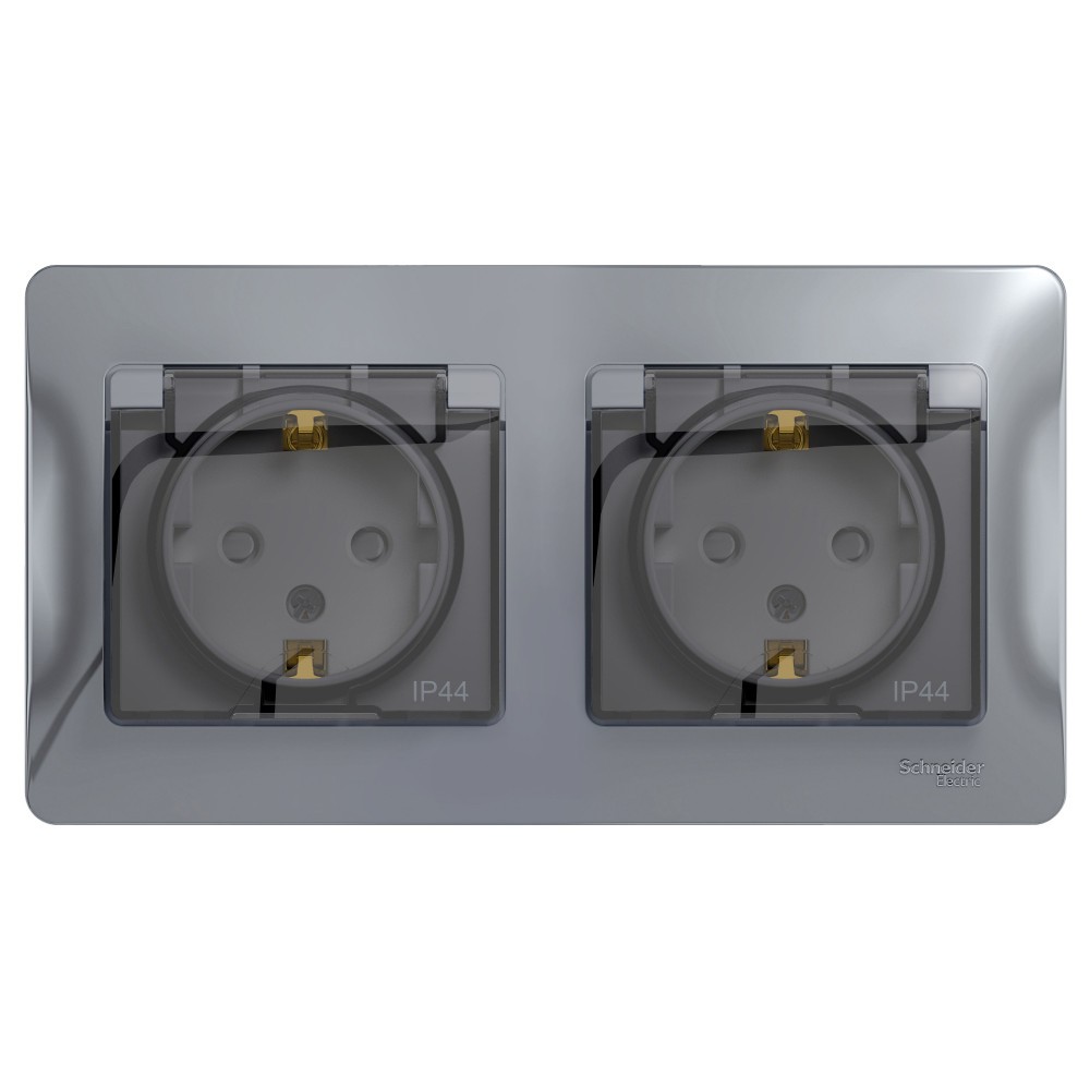 Glossa Алюминий Розетка 2-ая Systeme Electric Glossa Алюминий с/з, со шторками, в сборе, IP44 GSL000347
