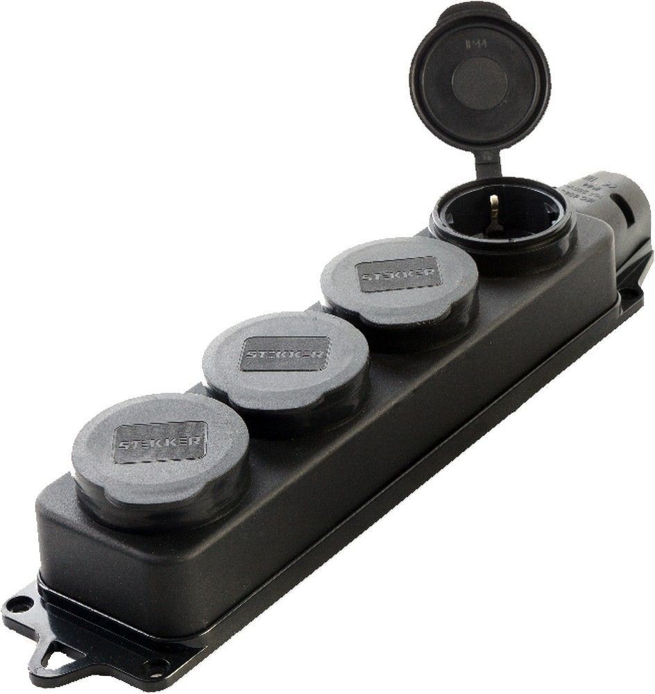 Колодки и удлинители, тройники Розетка переносная 4-местная c/з STEKKER RST16-24-44 250В 16А IP44 черный 39019 