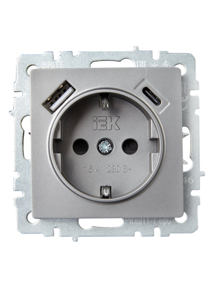 IEK Brite Сталь Розетка IEK BRITE с с/з и шторками 16А с USB A+C 18Вт РЮш11-1-БрС сталь BR-R14-16-U22-018-K46