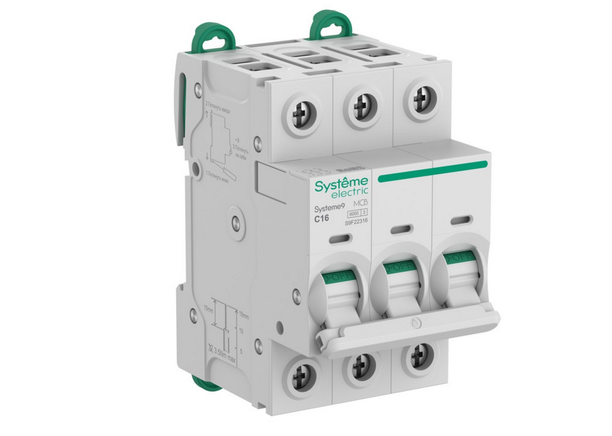 3 полюсные (трехполюсные) Автоматический выключатель Systeme Electric Systeme9 (АВ) C 16A 3P 6kA S9F22316