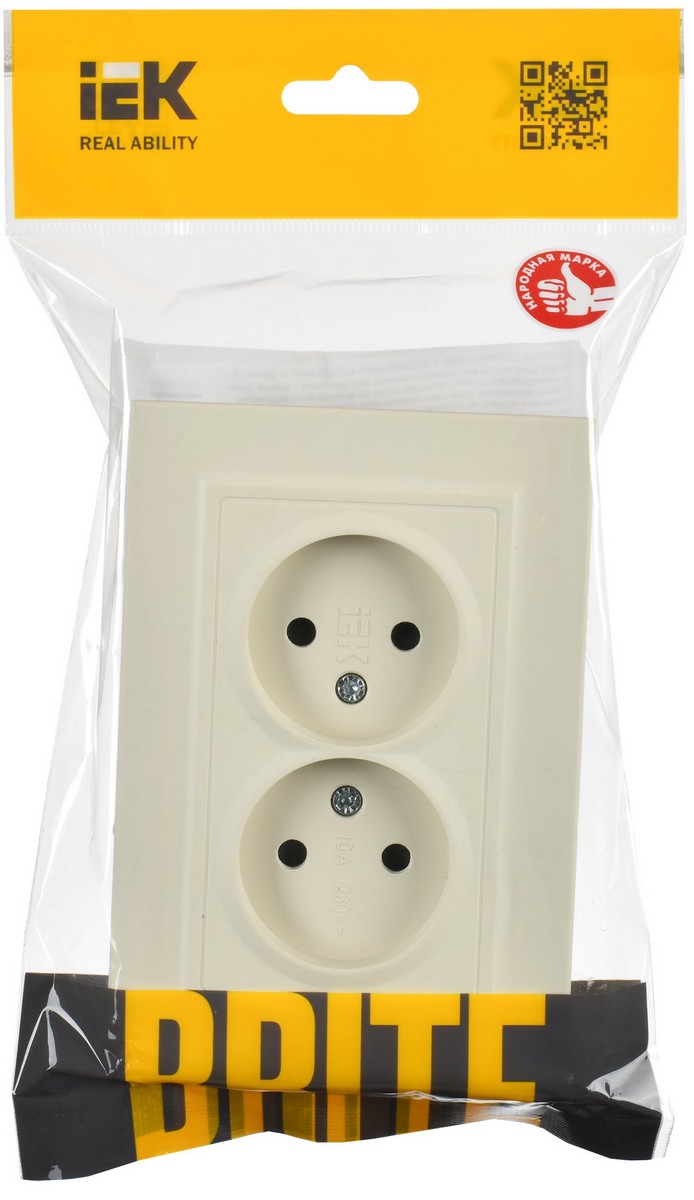 IEK Brite Бежевый Розетка IEK BRITE Бежевый 2-я без з/к с з/ш 10А в сборе РСш12-2-БрКр BR-R23-10-K10-F